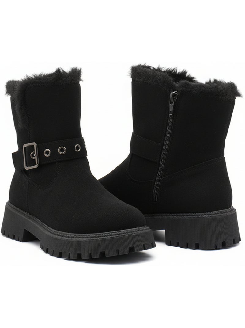 Ozabi bottines fourrées femme suédine zip et sangle semelle crantée Noir - Kiabi