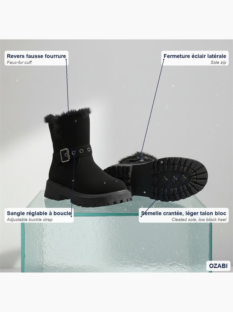 Ozabi bottines fourrées femme suédine zip et sangle semelle crantée Noir - Kiabi