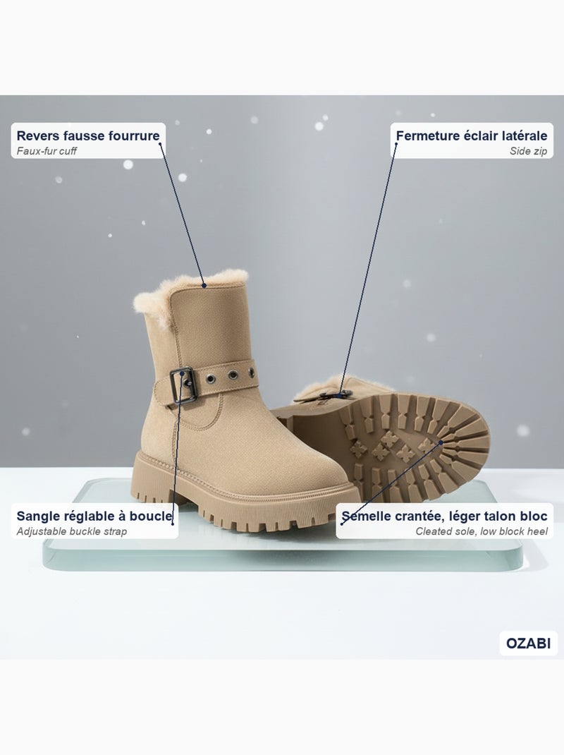 Ozabi bottines fourrées femme suédine zip et sangle semelle crantée Taupe - Kiabi