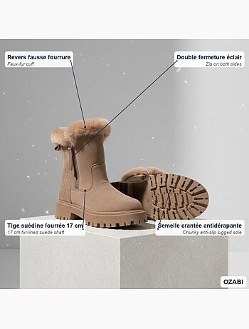 Ozabi bottines fourrées femme suédine zippée semelle crantée