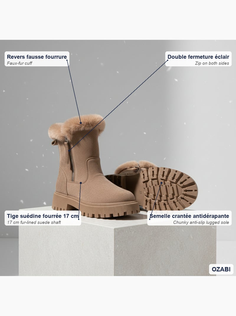 Ozabi bottines fourrées femme suédine zippée semelle crantée Taupe - Kiabi