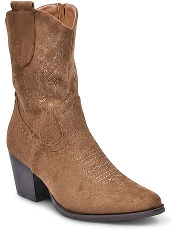 OZABI Bottines Santiag Femme Suédine Talon Bloc 6 cm Bout Pointu Mi-Mollet