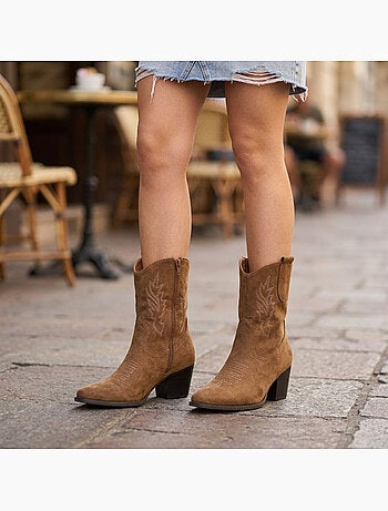 OZABI Bottines Santiag Femme Suédine Talon Bloc 6 cm Bout Pointu Mi-Mollet
