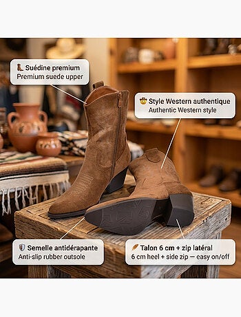 OZABI Bottines Santiag Femme Suédine Talon Bloc 6 cm Bout Pointu Mi-Mollet