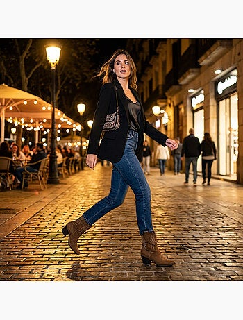 OZABI Bottines Santiag Femme Suédine Talon Bloc 6 cm Bout Pointu Mi-Mollet