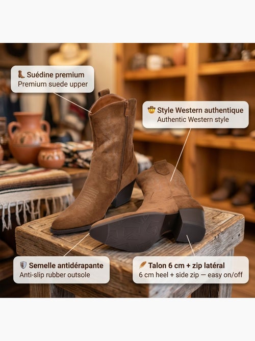 OZABI Bottines Santiag Femme Suédine Talon Bloc 6 cm Bout Pointu Mi-Mollet - Kiabi