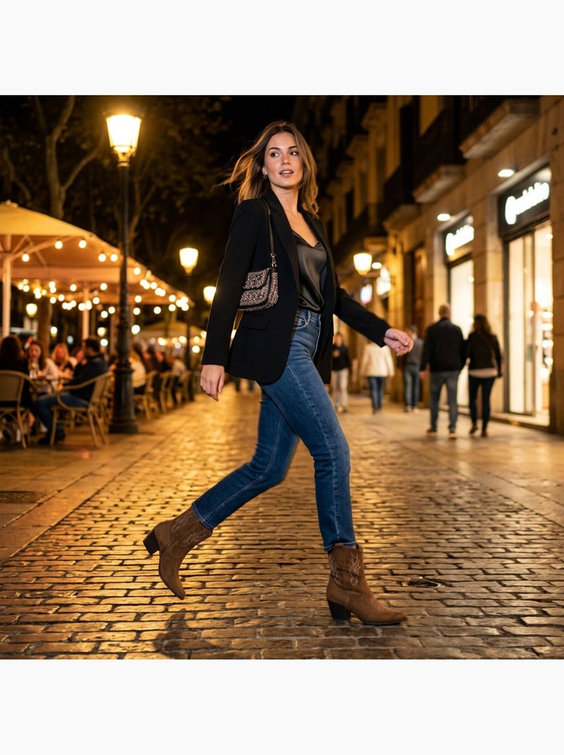 OZABI Bottines Santiag Femme Suédine Talon Bloc 6 cm Bout Pointu Mi-Mollet Marron caramel - Kiabi