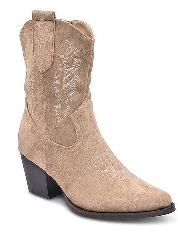 OZABI Bottines Santiag Femme Suédine Talon Bloc 6 cm Bout Pointu Mi-Mollet