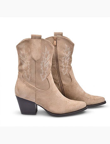 OZABI Bottines Santiag Femme Suédine Talon Bloc 6 cm Bout Pointu Mi-Mollet