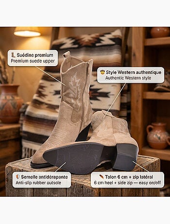 OZABI Bottines Santiag Femme Suédine Talon Bloc 6 cm Bout Pointu Mi-Mollet