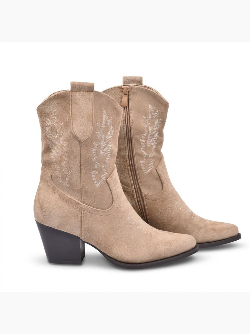OZABI Bottines Santiag Femme Suédine Talon Bloc 6 cm Bout Pointu Mi-Mollet Taupe - Kiabi