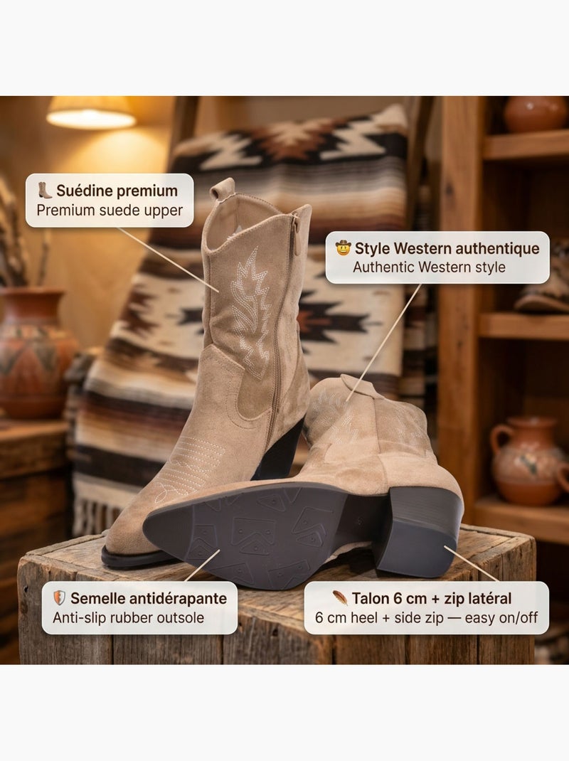 OZABI Bottines Santiag Femme Suédine Talon Bloc 6 cm Bout Pointu Mi-Mollet Taupe - Kiabi