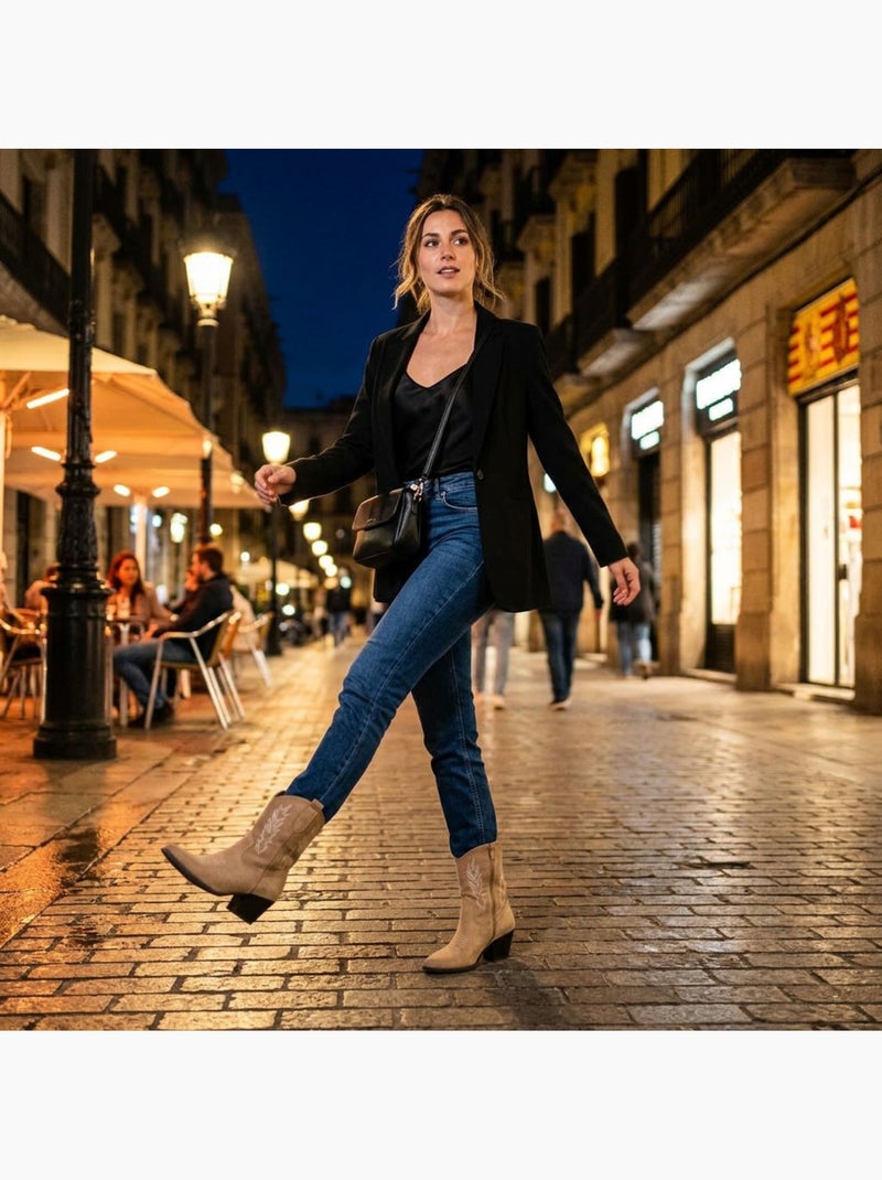OZABI Bottines Santiag Femme Suédine Talon Bloc 6 cm Bout Pointu Mi-Mollet Taupe - Kiabi