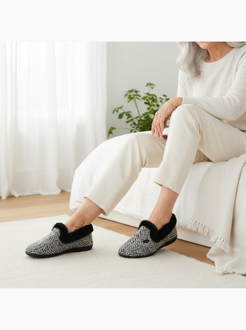 Ozabi charentaises femme fourrées fantaisie brodée, col fausse fourrure Bleu anthracite - Kiabi