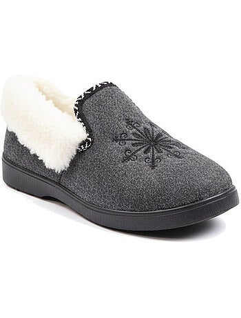 Ozabi charentaises femme hiver, broderie flocon, col fourrure, semelle amovible