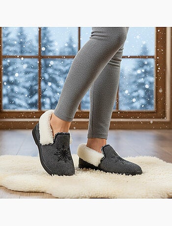 Ozabi charentaises femme hiver, broderie flocon, col fourrure, semelle amovible