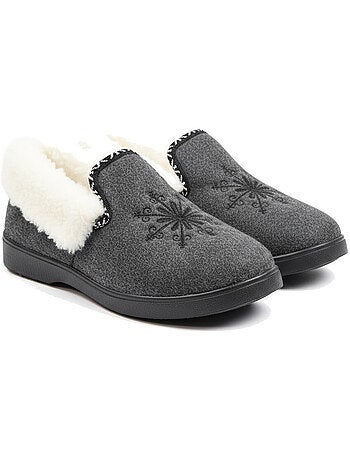 Ozabi charentaises femme hiver, broderie flocon, col fourrure, semelle amovible