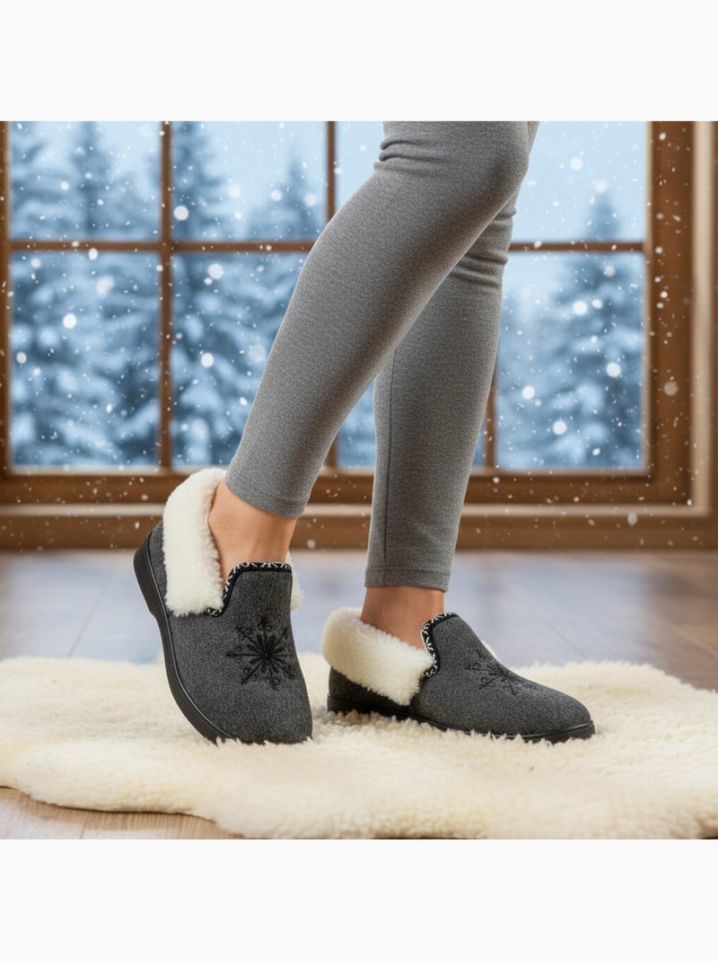 Ozabi charentaises femme hiver, broderie flocon, col fourrure, semelle amovible Bleu anthracite - Kiabi