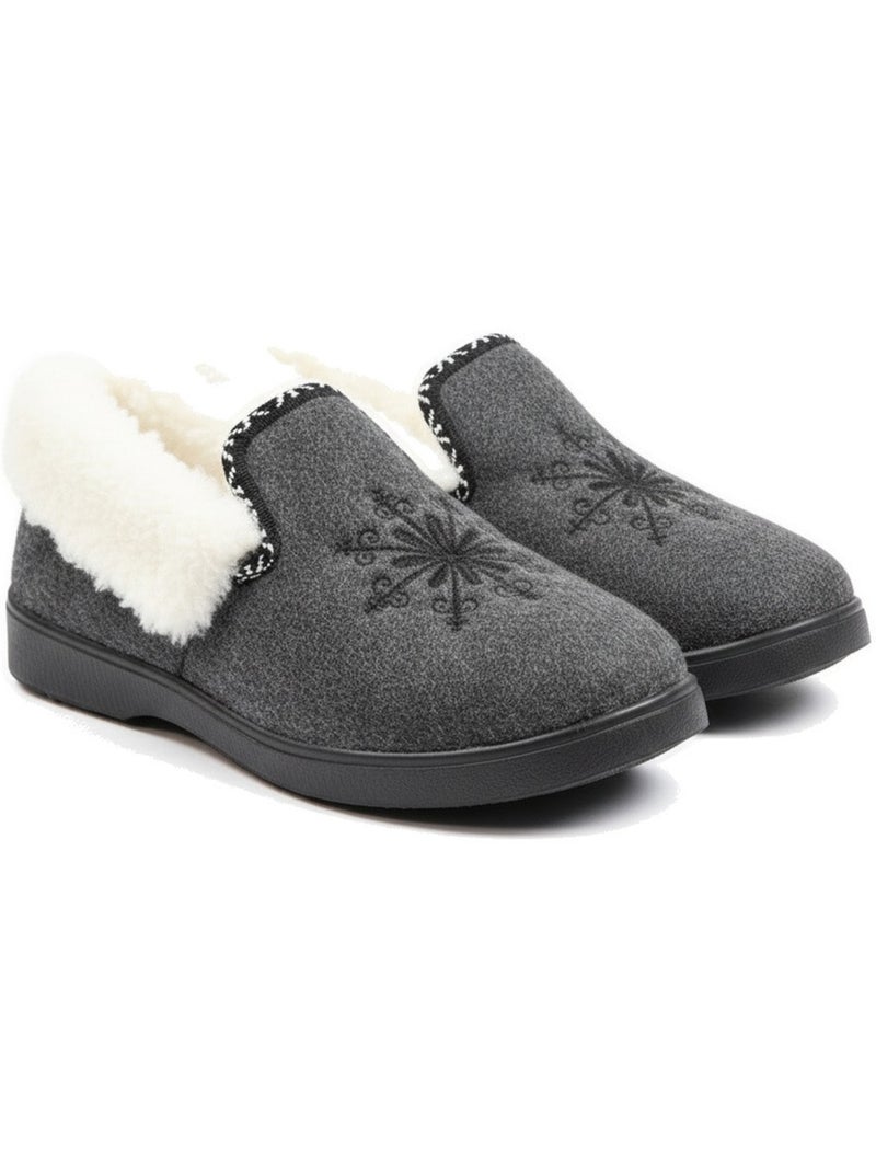 Ozabi charentaises femme hiver, broderie flocon, col fourrure, semelle amovible Bleu anthracite - Kiabi