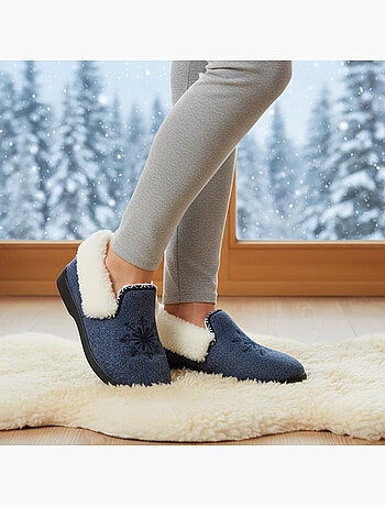 Ozabi charentaises femme hiver, broderie flocon, col fourrure, semelle amovible