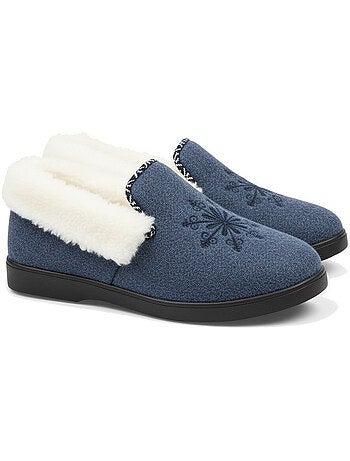 Ozabi charentaises femme hiver, broderie flocon, col fourrure, semelle amovible