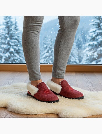 Ozabi charentaises femme hiver, broderie flocon, col fourrure, semelle amovible