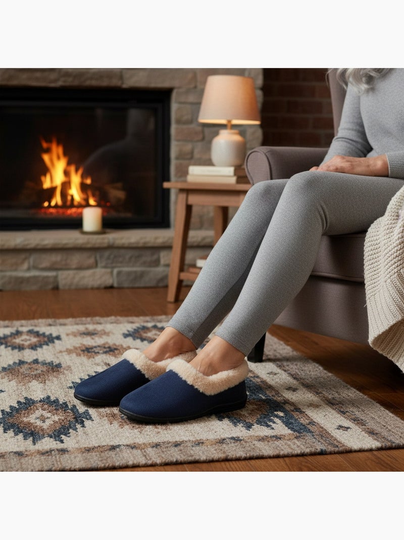 Ozabi charentaises femme hiver, feutrine unie, col fausse fourrure, fourrées Bleu marine - Kiabi