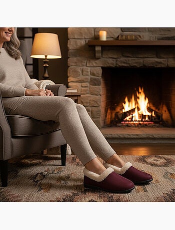 Ozabi charentaises femme hiver, feutrine unie, col fausse fourrure, fourrées