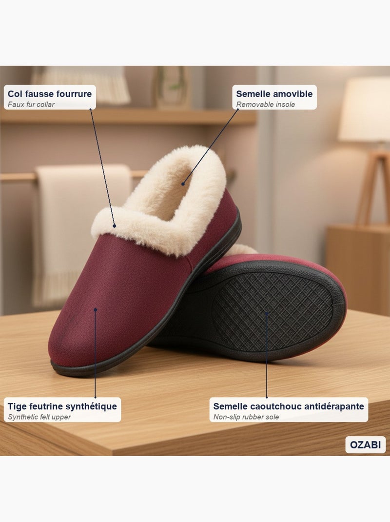 Ozabi charentaises femme hiver, feutrine unie, col fausse fourrure, fourrées Bordeaux - Kiabi