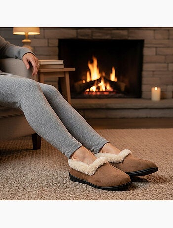 Ozabi charentaises femme hiver, feutrine unie, col fausse fourrure, fourrées