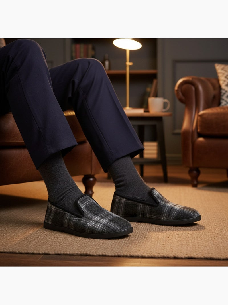 Ozabi charentaises homme antidérapante fourrées à carreaux, semelle amovible Bleu anthracite - Kiabi