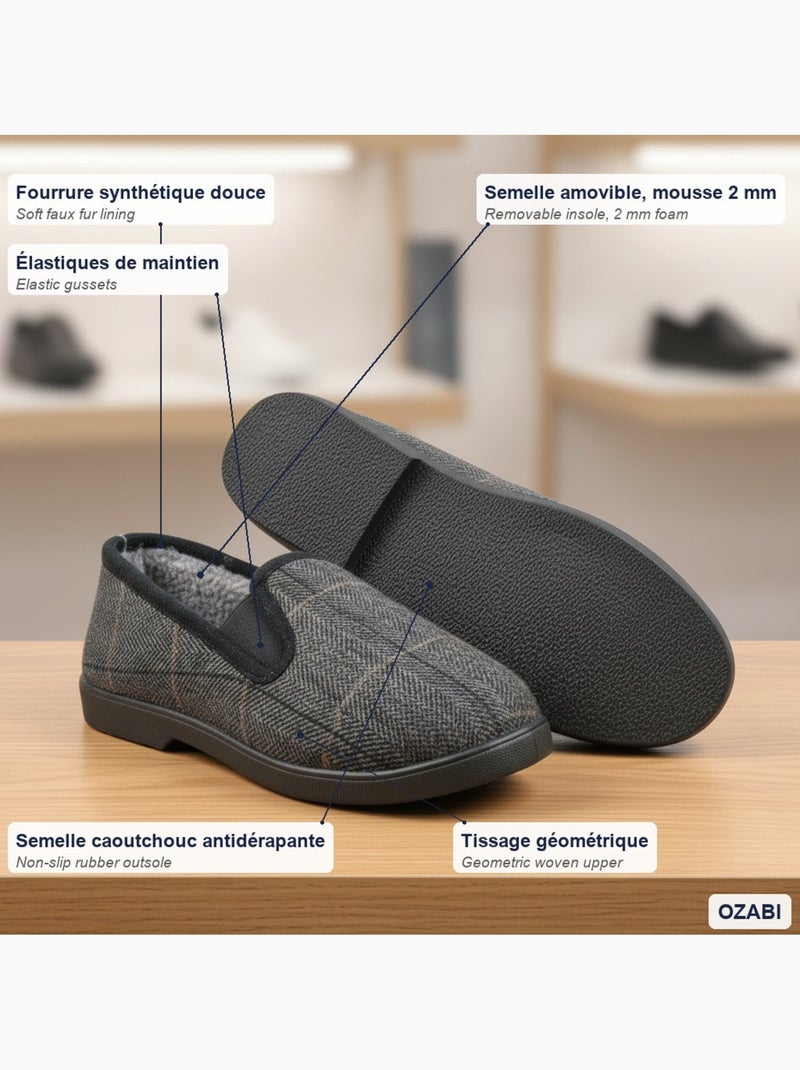 Ozabi charentaises homme fourrées carreaux et chevrons, semelle antidérapante Bleu anthracite - Kiabi