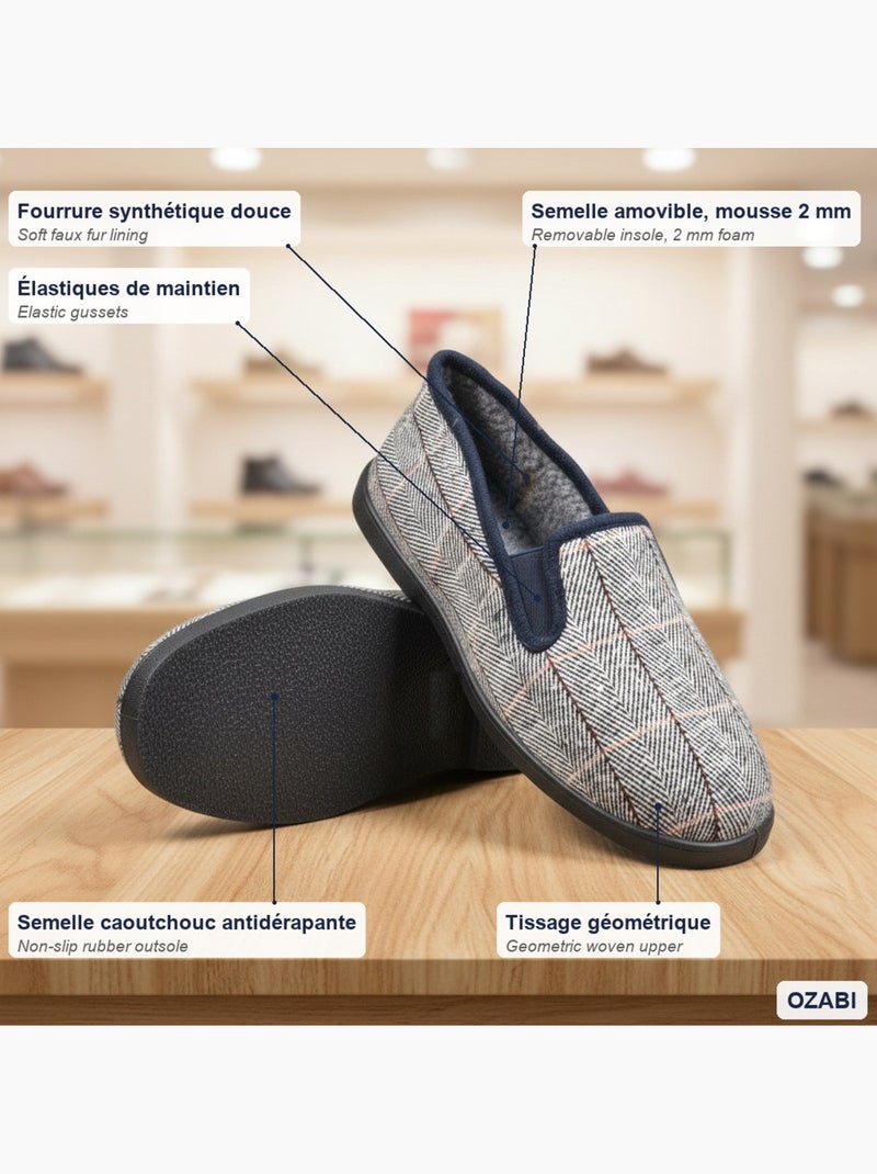 Ozabi charentaises homme fourrées carreaux et chevrons, semelle antidérapante Bleu clair - Kiabi