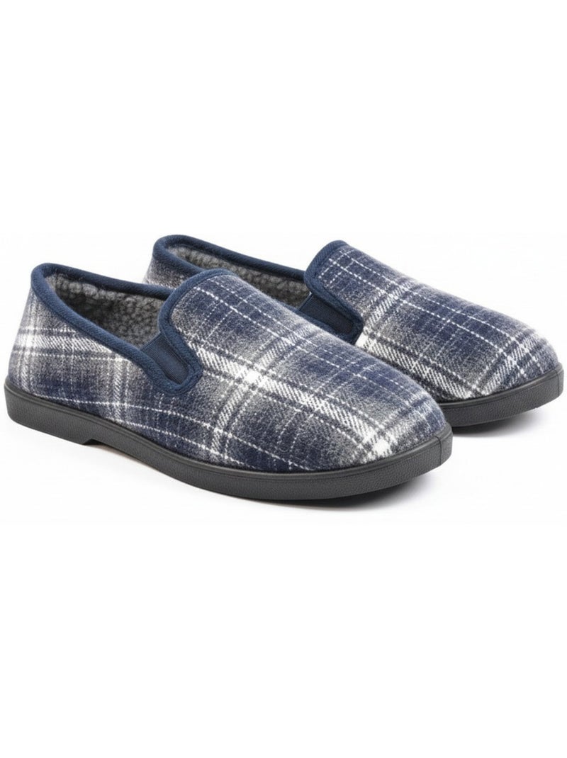 Ozabi charentaises homme fourrées carreaux et chevrons, semelle antidérapante Bleu marine - Kiabi