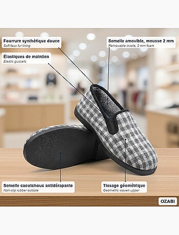 Ozabi charentaises homme fourrées carreaux et chevrons, semelle antidérapante