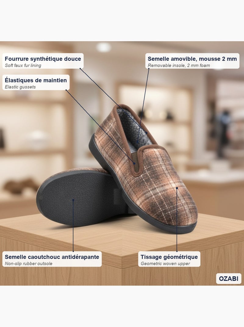 Ozabi charentaises homme fourrées carreaux et chevrons, semelle antidérapante Marron - Kiabi