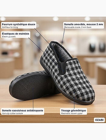 Ozabi charentaises homme fourrées carreaux et chevrons, semelle antidérapante