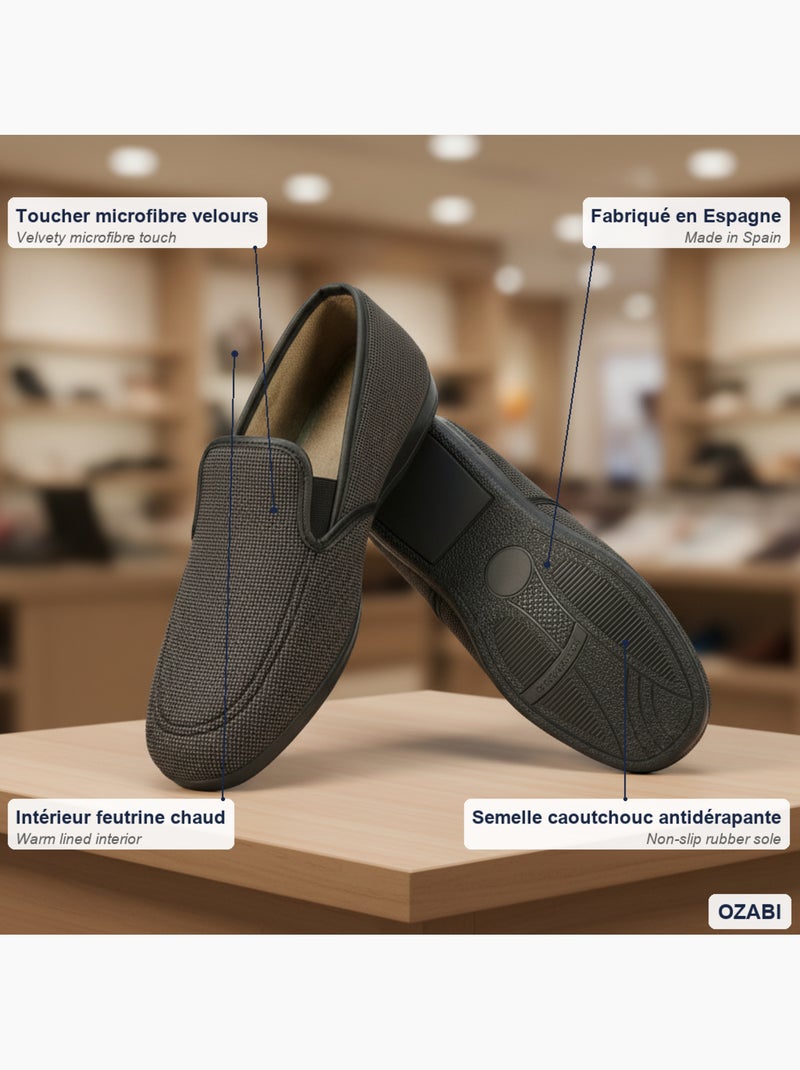 Ozabi charentaises homme toucher velours microfibre, fabriquées en espagne Noir - Kiabi