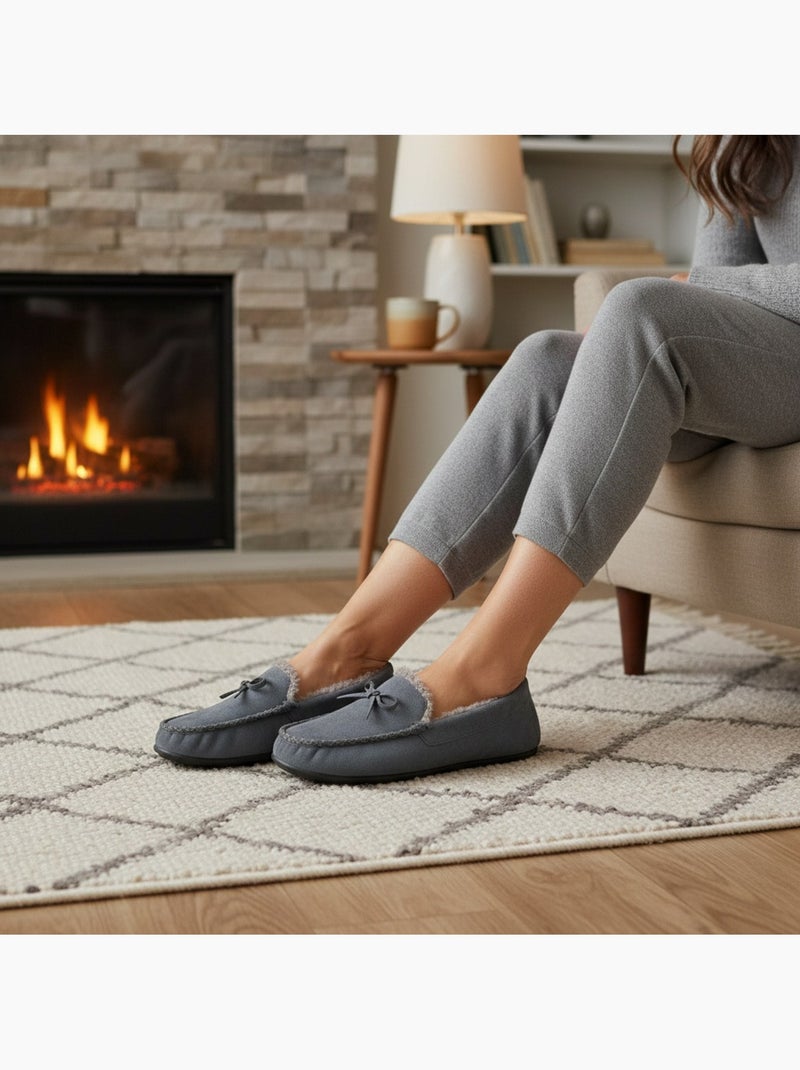 Ozabi chaussons femme fermés, suédine unie, nœud, intérieur fourré Gris - Kiabi