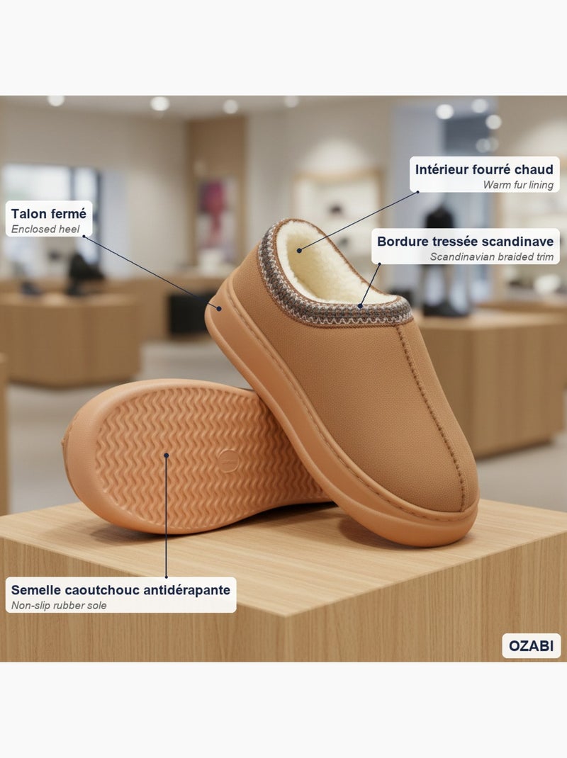 Ozabi chaussons femme style scandinave, talon fermé, intérieur fourré Marron - Kiabi