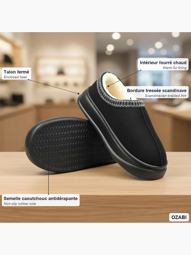 Ozabi chaussons femme style scandinave, talon fermé, intérieur fourré Noir - Kiabi