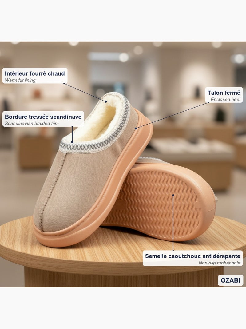 Ozabi chaussons femme style scandinave, talon fermé, intérieur fourré Taupe - Kiabi