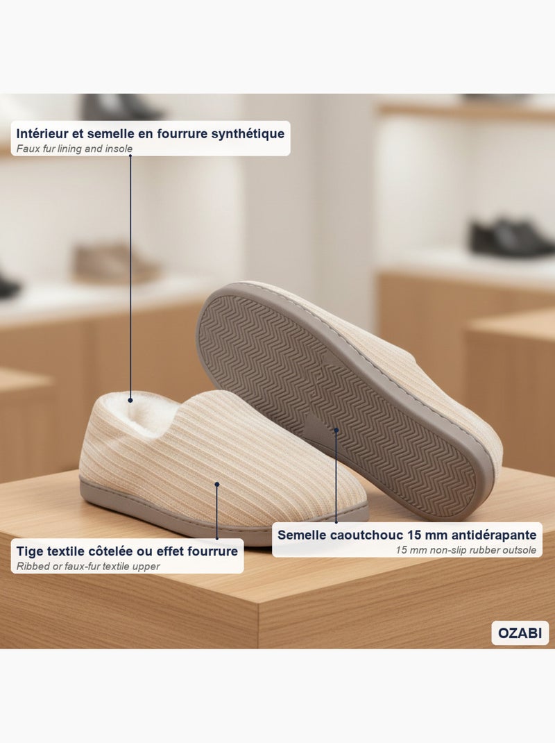 Ozabi chaussons homme fourrés, côtelés ou effet fourrure, semelle antidérapante Beige - Kiabi