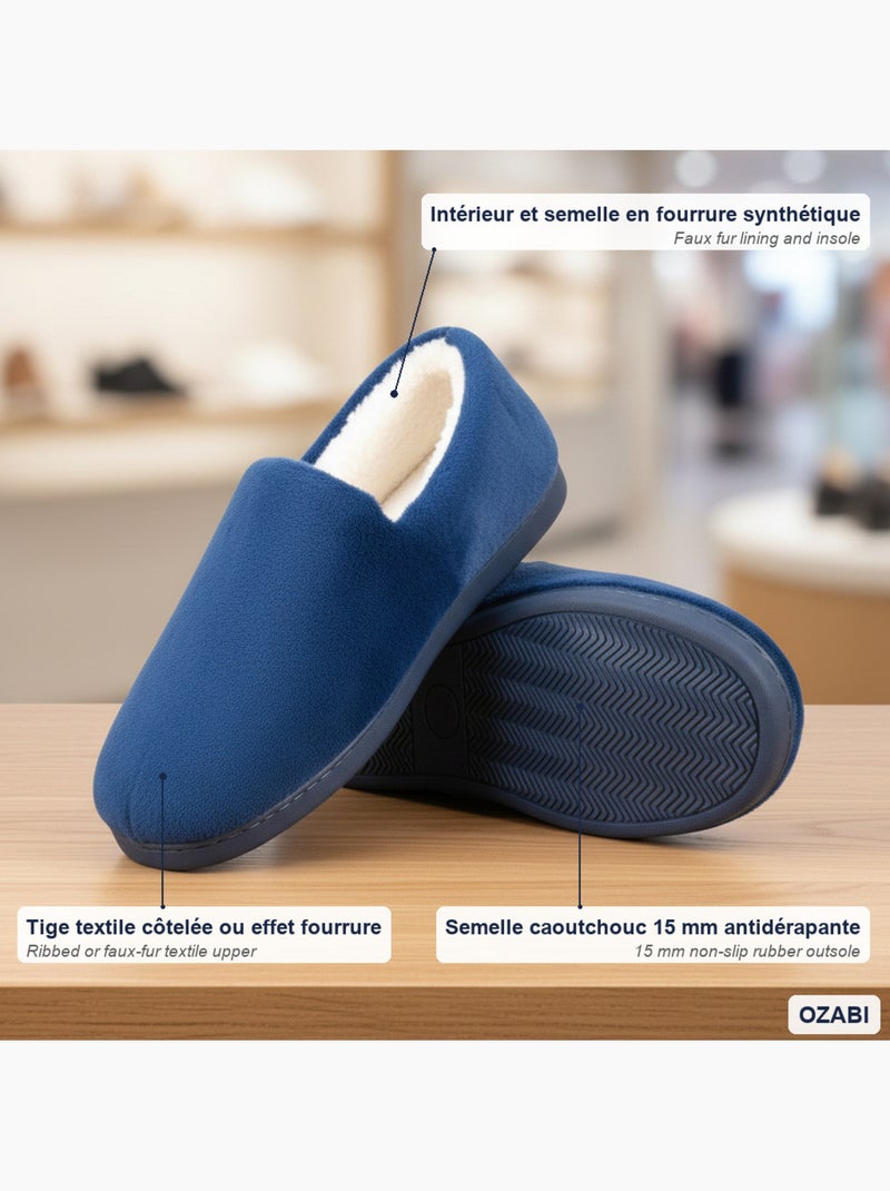 Ozabi chaussons homme fourrés, côtelés ou effet fourrure, semelle antidérapante Bleu marine - Kiabi