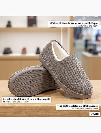 Ozabi chaussons homme fourrés, côtelés ou effet fourrure, semelle antidérapante