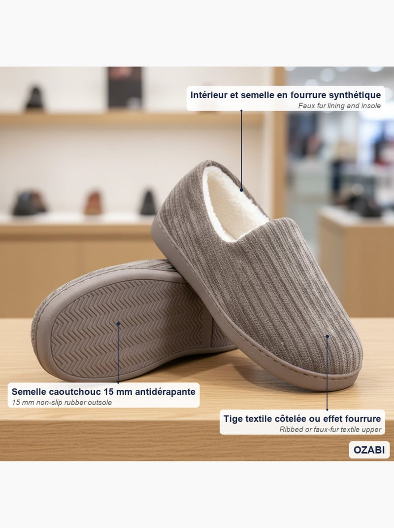 Ozabi chaussons homme fourrés, côtelés ou effet fourrure, semelle antidérapante Taupe - Kiabi