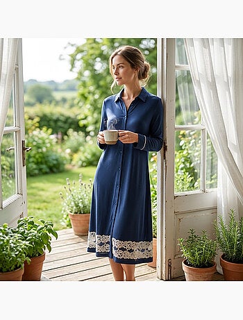 OZABI Chemise de Nuit Femme Boutonnée Dentelle Viscose