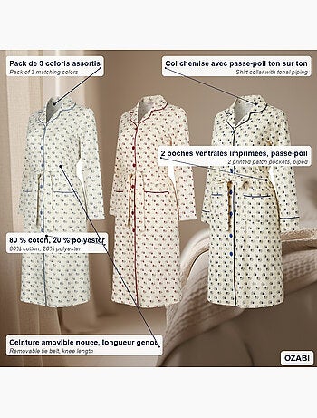 Ozabi chemise de nuit femme pack de 3, coton, col chemise boutonné