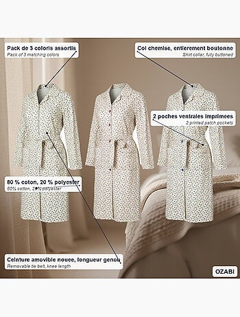 Ozabi chemise de nuit femme pack de 3, coton, col chemise boutonné
