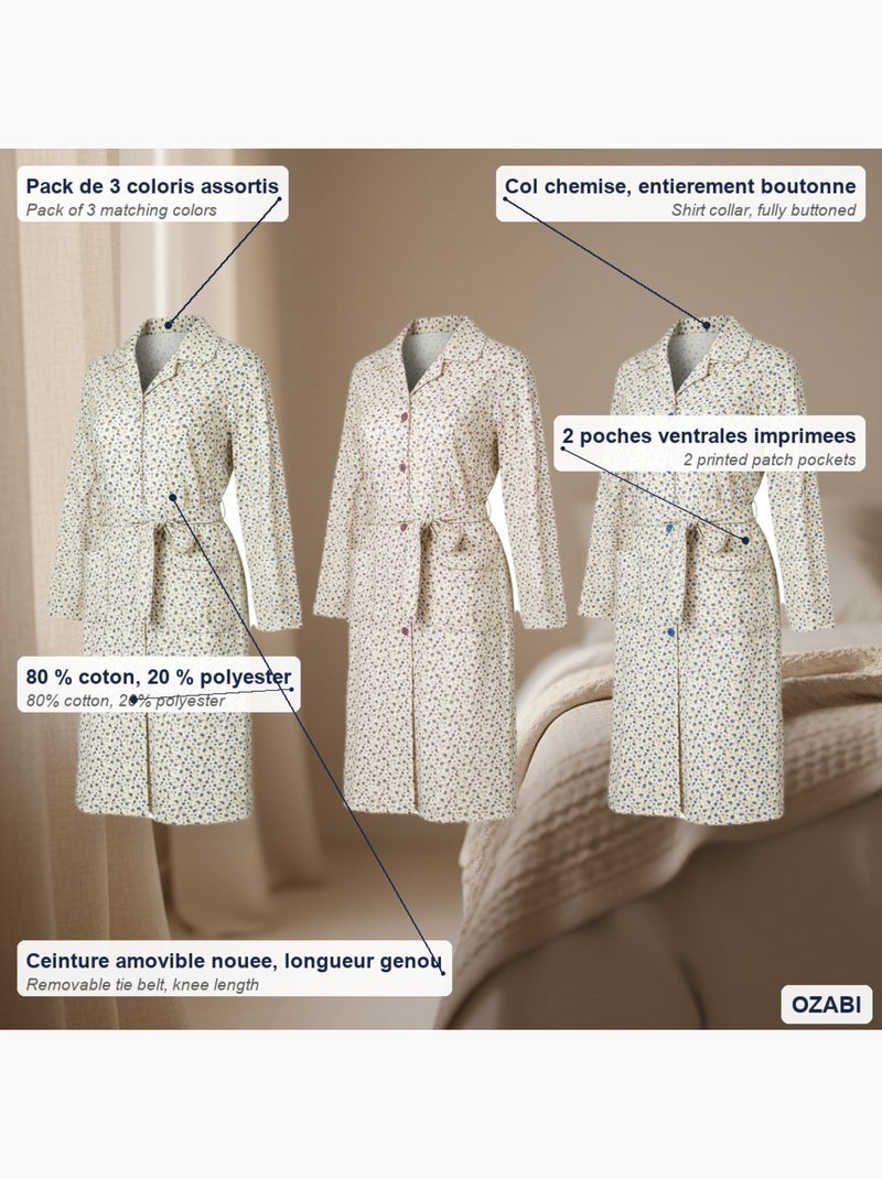 Ozabi chemise de nuit femme pack de 3, coton, col chemise boutonné Bleu Violet Gris - Kiabi